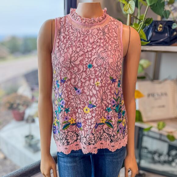 BluHeaven Pink Floral Embroidered Lace Sleeveless Top High Ruffled Neck, Small - Picture 5 of 10